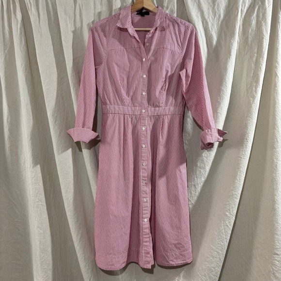 J.Crew Dresses & Skirts - J.Crew Red White Striped Cotton Midi Shirtdress Long Sleeve Size 10 Fits Like 8